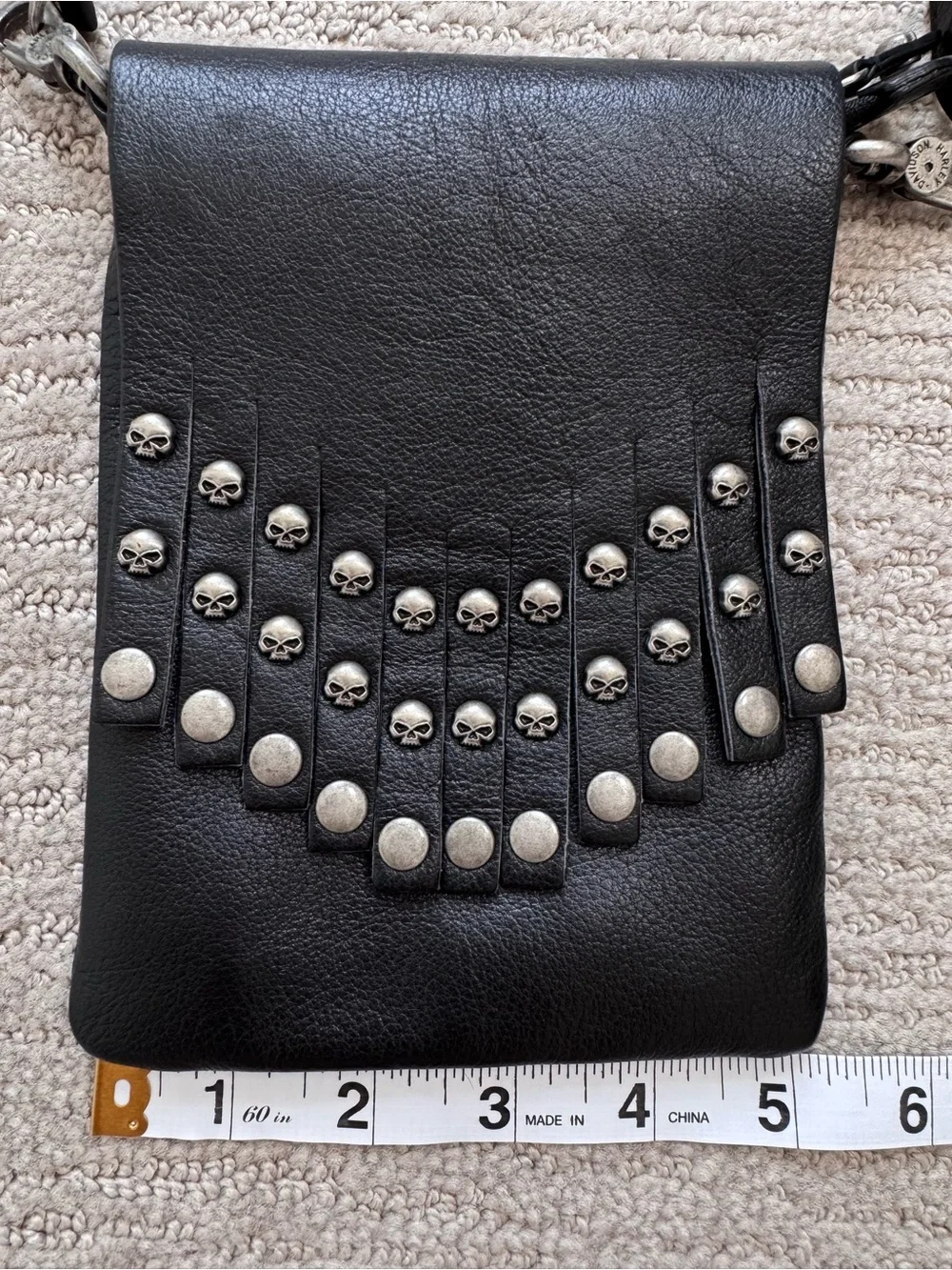Harley-Davidson Black Leather Skull Fringe Crossbody 5x7” Bag Biker Gothic Rock